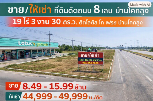 ศูนย์กระจายสินค้า ที่ดิน 19 ไร่ 3 งาน 30 ตร.ว. 31720 ตร.ม. ติดถนน 8 เลน ติดโลตัส โก เฟรช บ้านโคกสูง ใกล้ตลาดบ้านโคกสูง 1 กม.