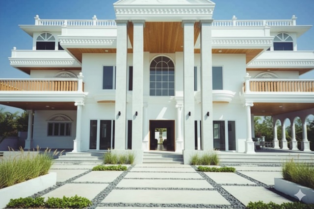 นิคมอุตสาหกรรมลาดกระบัง ขายคฤหาสน์ บ้าน 3.5 ชั้น กว้างใหญ่ 280 ตร.วา. 608 ตร.ม.รพ.นพรัตนราชธานี คุ้มเกล้า 1.9 กม.  ติดทะเลสาบ 5นอน 5 น้ำ