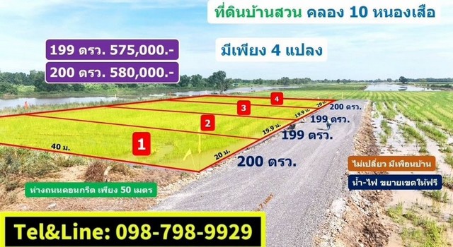 บ้านสวน วิวท้องนา ที่ดินคลอง10 รังสิต ปทุมธานี 200 ตรว.  580000.-เท่านั้น
