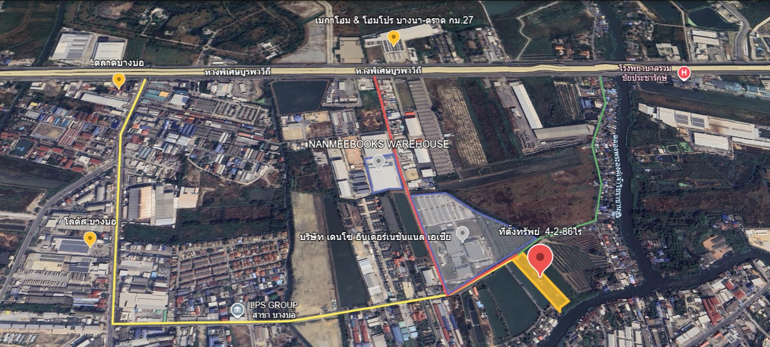 ขายที่ดินถมแล้ว 4-2-86 ไร่ ผังสีแดง ต.บางบ่อ  อ.บางบ่อ จ.สมุทรปราการ ใกล้ถนนบางนาตราด กม.27  ฝั่งขาเข้า ห่างเพียง 1 กิโลเมตร