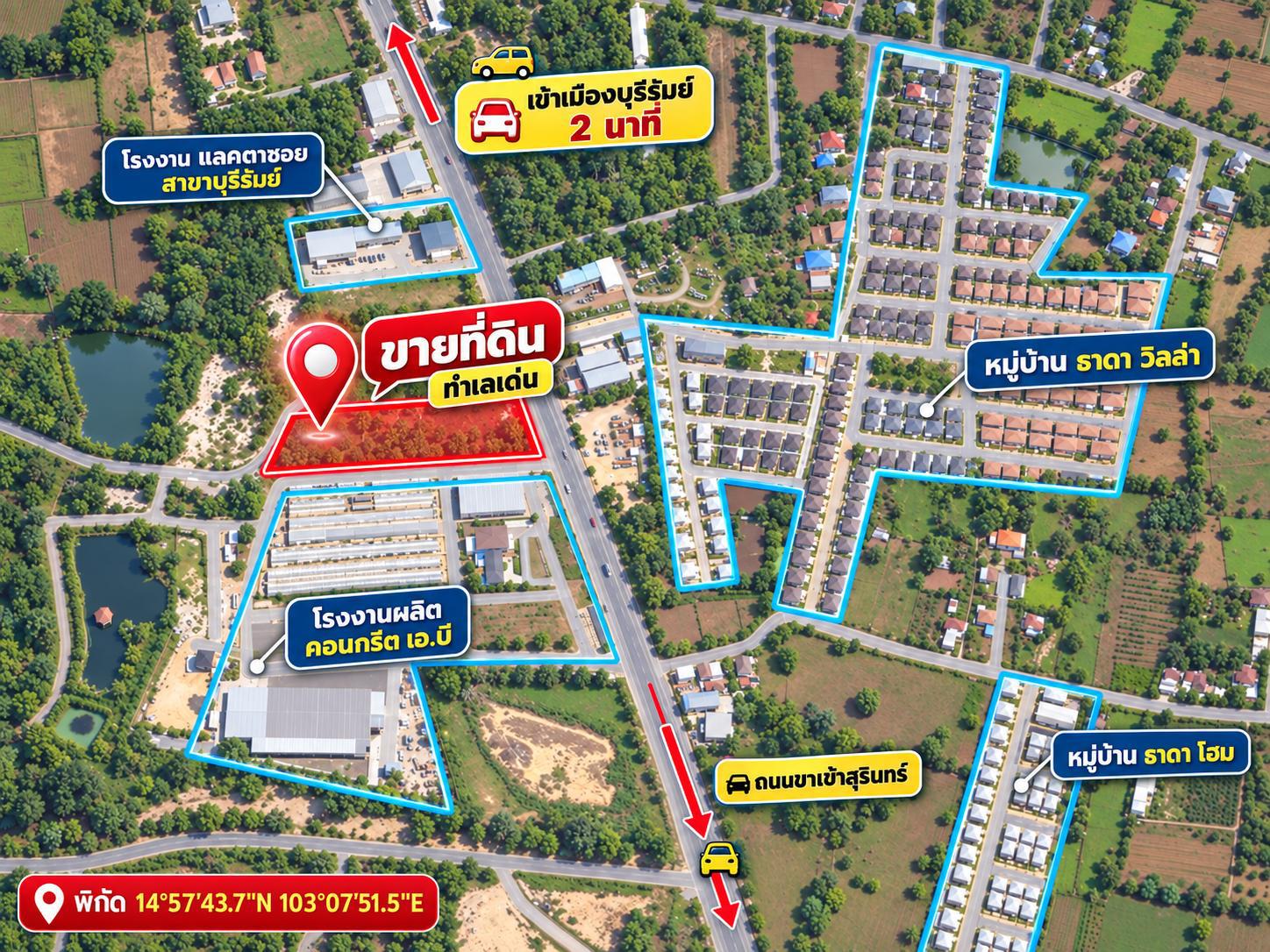 ขายด่วน! ที่ดินเปล่าแปลงใหญ่ 5 ไร่ 3 งาน 63 ตร.ว. ทำเลดีอำเภอเมืองบุรีรัมย์ รูปแปลงสวย ติดถนนคอนกรีต พร้อมโอน