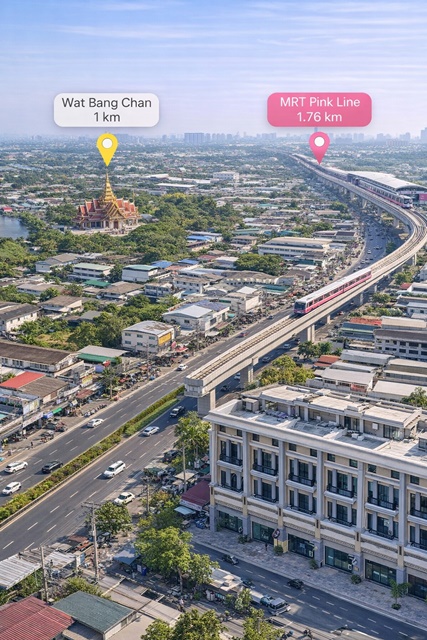 ใกล้รถไฟฟ้าสายสีชมพู พระยาสุเรนทร์ ให้เช่าอาคารพาณิชย์ 4ชั้น ทำเลถนนใหญ่ หทัยราษฏร์ รามอินทรา 105-111  MRTนพรัตน์ 2.4 กม.