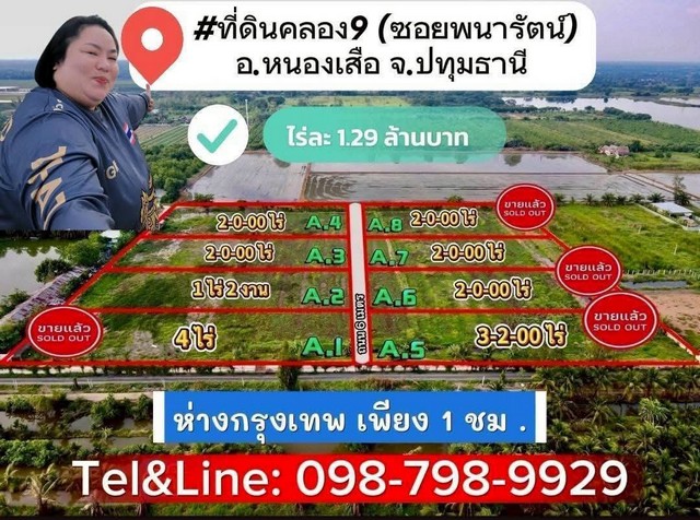 ที่ดินคลอง9 (ซ.พนารัตน์) รังสิต ปทุมธานี ไร่ละ 1.29 ล้านบาท (เข้าจากถนนรังสิต นครนายก 2.8 กม.)