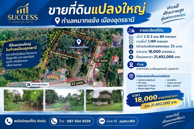 ขายที่ดินแปลงใหญ่ ทำเลหมากแข้ง-หนองบัว เมืองอุดรธานี ที่ดินเกือบ 3 ไร่  | ราคา 18000 บาท/ตร.ว.