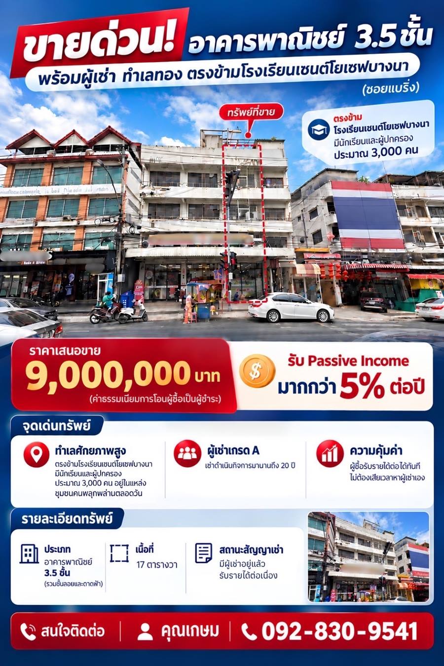 ขายตึกทำเลทองแบริ่ง ตรงข้าม รร.เซนต์โยเซฟ พร้อมผู้เช่า(7-11) ผลตอบแทน มากกว่า 5 เปอร์เซ็น