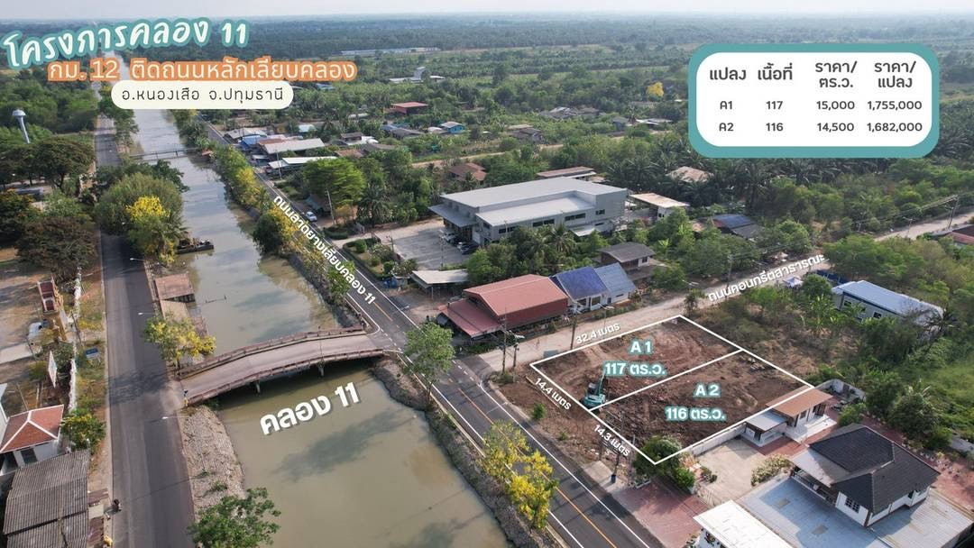 ขายที่ดินติดถนนสายหลักเลียบคลอง 11 ปรับถมแล้ว อ.หนองเสือ จ.ปทุมธานี